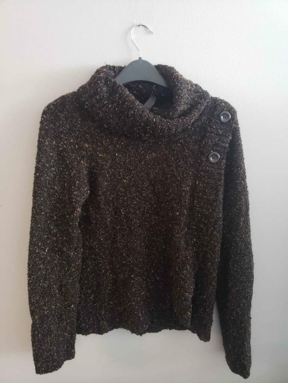 Bouclé Brown Cowl-Neck Button-Shoulder Sweater